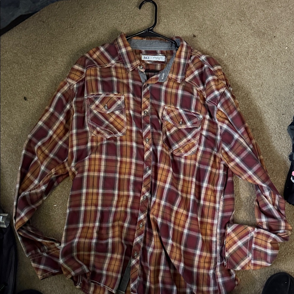 BKE Men's Plaid Casual Button Down Shirt - Red and Brown